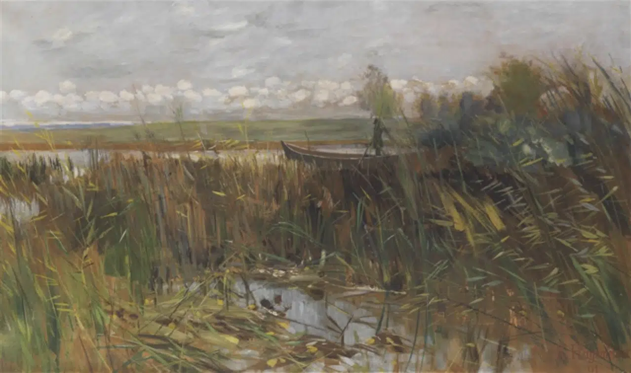 Märkische Seenlandschaft mit Entenjäger im Kahn stehend, 1891