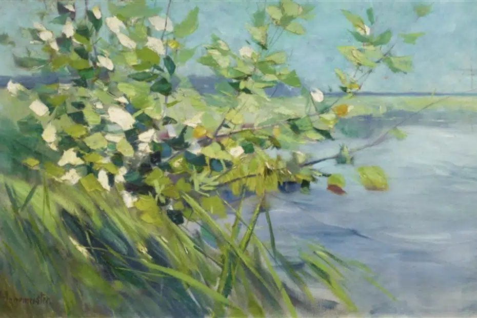 Landschaft mit blühendem Strauch am Ufer, 1900
