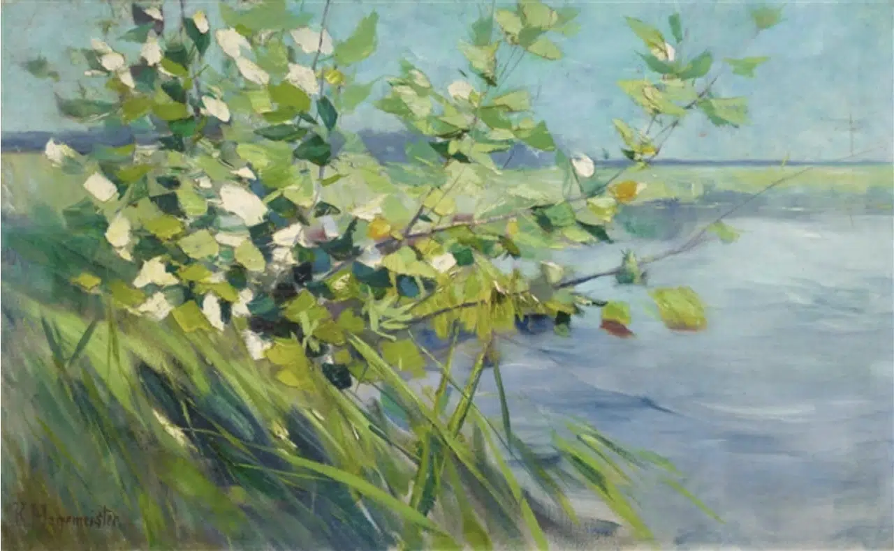Landschaft mit blühendem Strauch am Ufer, 1900