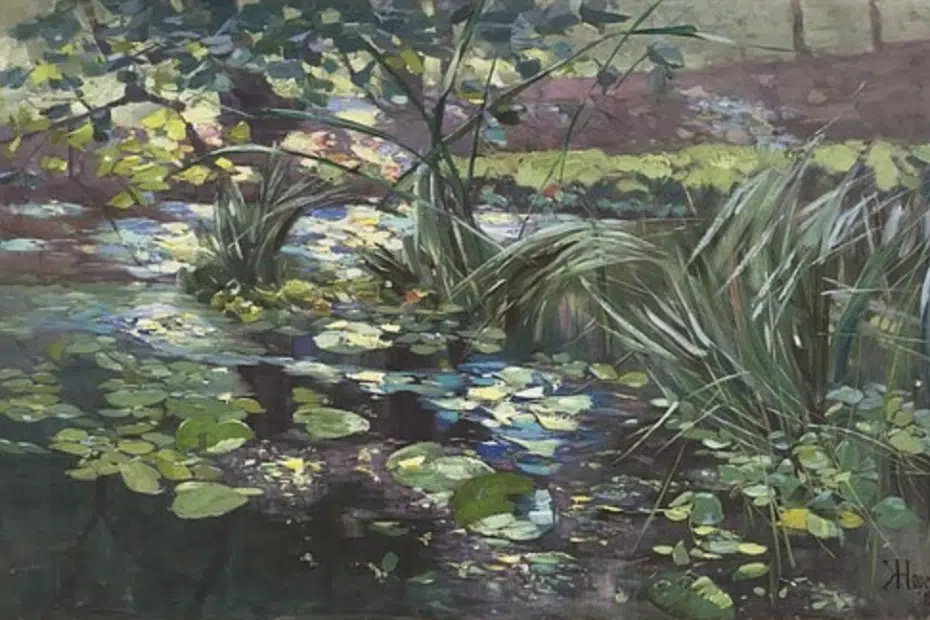 Teich in der Mark mit Seerosen und Schilfhalmen, 1907