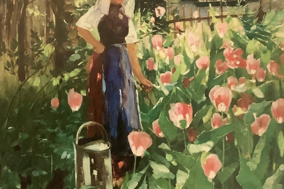 Bäuerin mit Milchkanne auf einer Mohnblumenwiese in Havelland, 1886