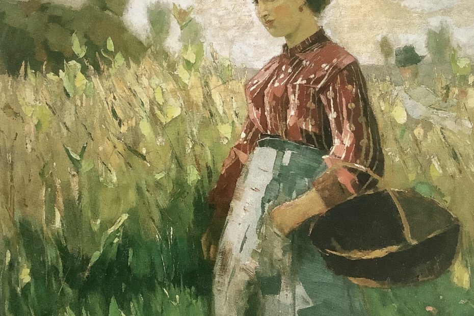 Bäuerin mit Weidenkorb am Feldrand, um 1889