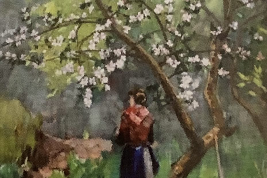 Baumblüte in Werder mit Bäuerin, um 1888