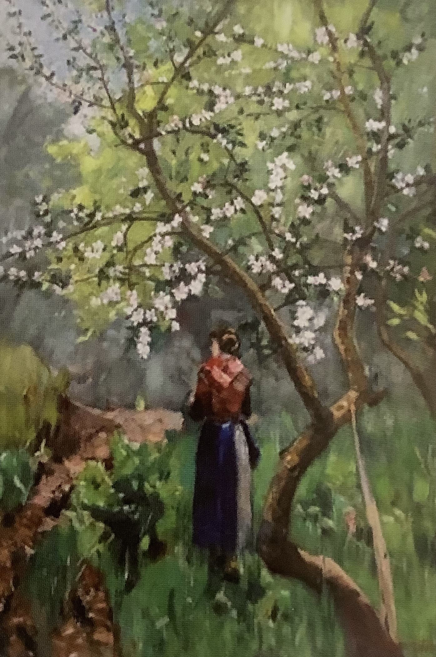 Baumblüte in Werder mit Bäuerin, um 1888