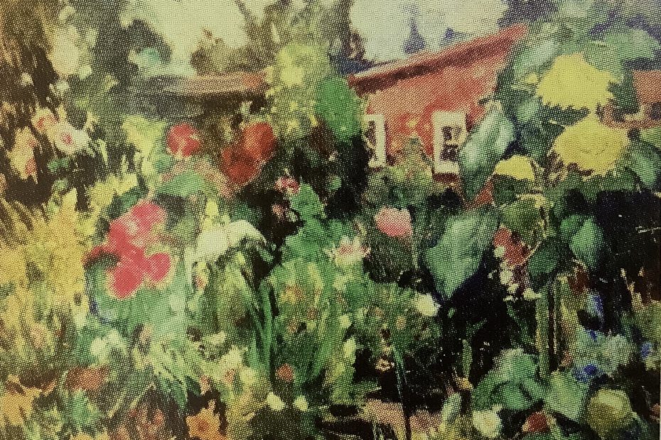 Haus mit verwildertem Blumengarten, um 1883