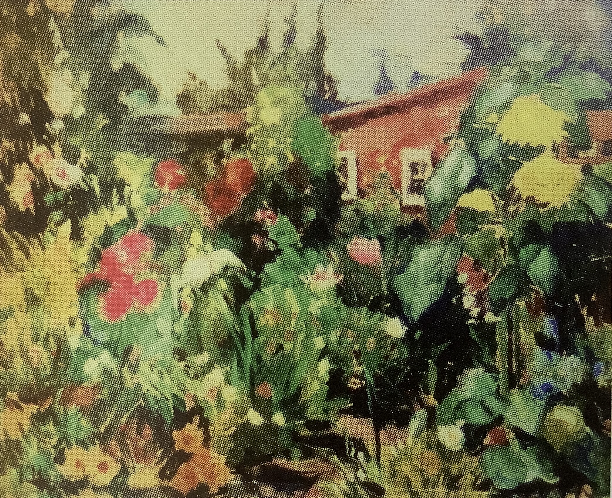 Haus mit verwildertem Blumengarten, um 1883
