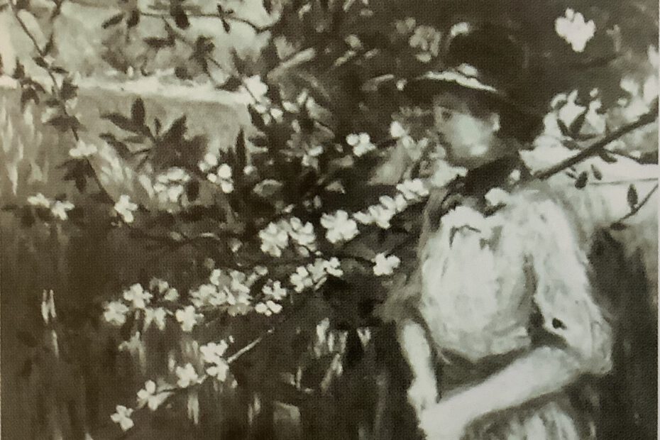 Mädchen mit Hut vor blühenden Obstbaumzweigen II, um 1881