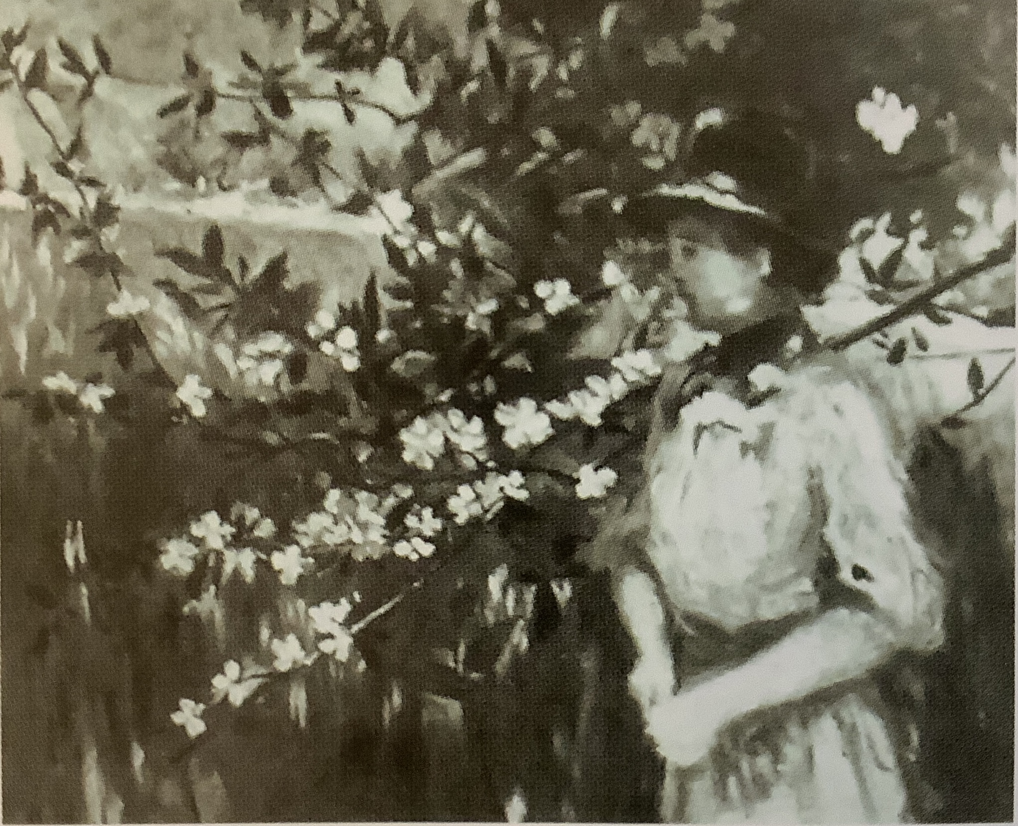 Mädchen mit Hut vor blühenden Obstbaumzweigen II, um 1881