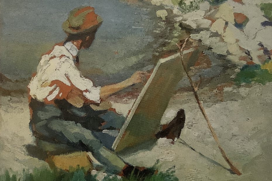 Malender junger Mann an einem See (Ölskizze)