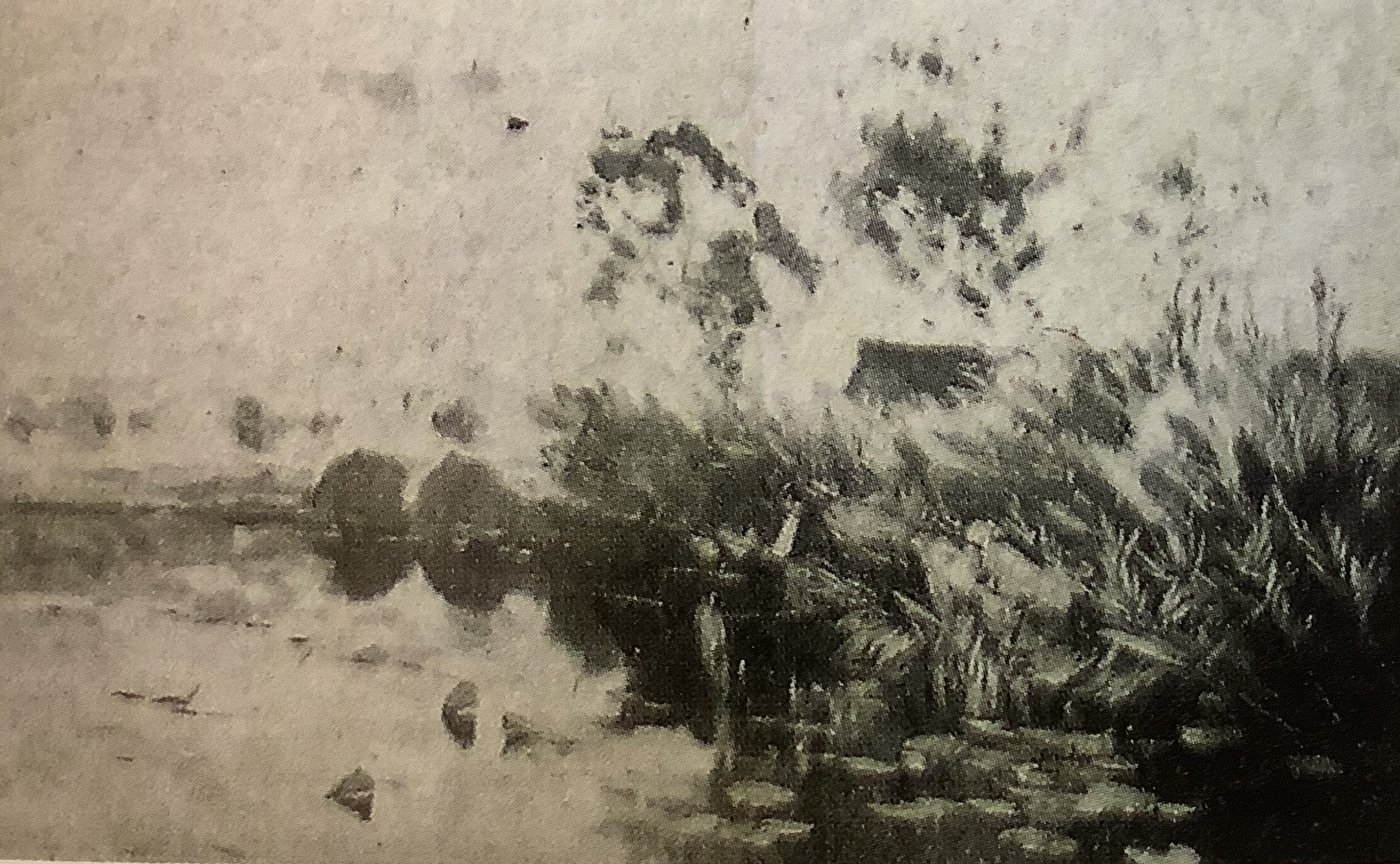 Uferlandschaft mit hohem Schilf und Angler, um 1886