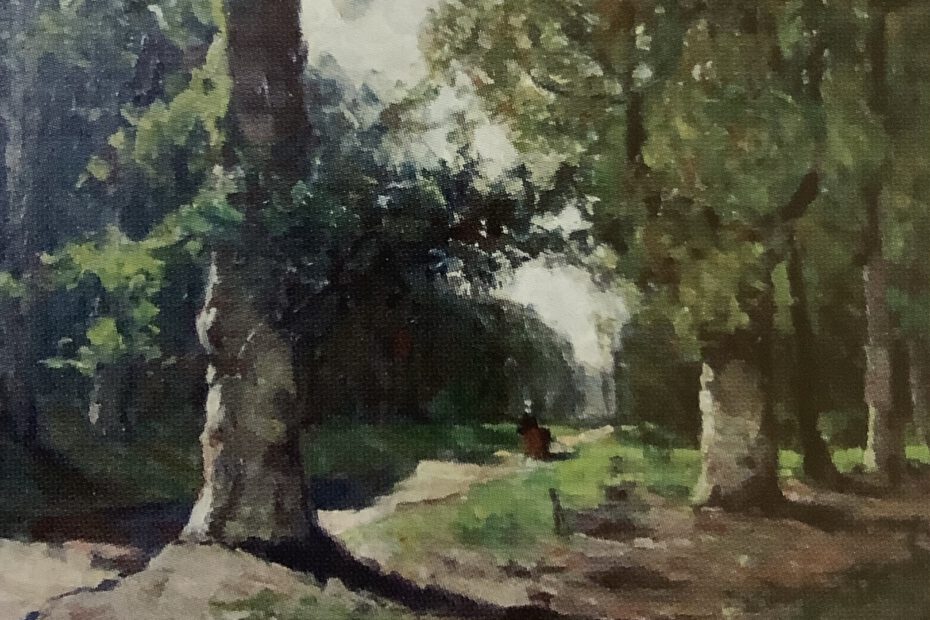 Waldweg in Ferch mit Bäuerin und Kind, um 1884