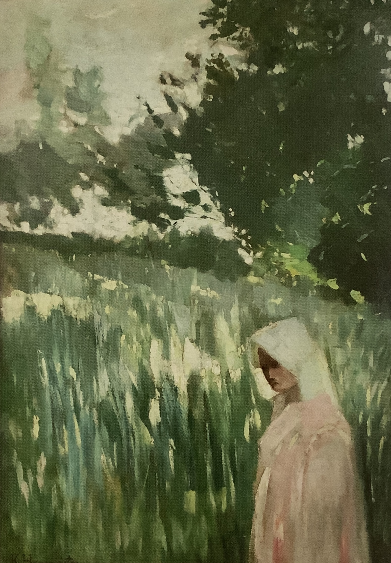 Mädchen vor Wiesenlandschaft, um 1895