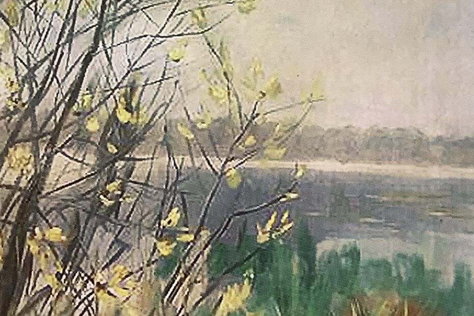 Märkische Uferlandschaft mit blühenden gelben Zweigen, um 1907