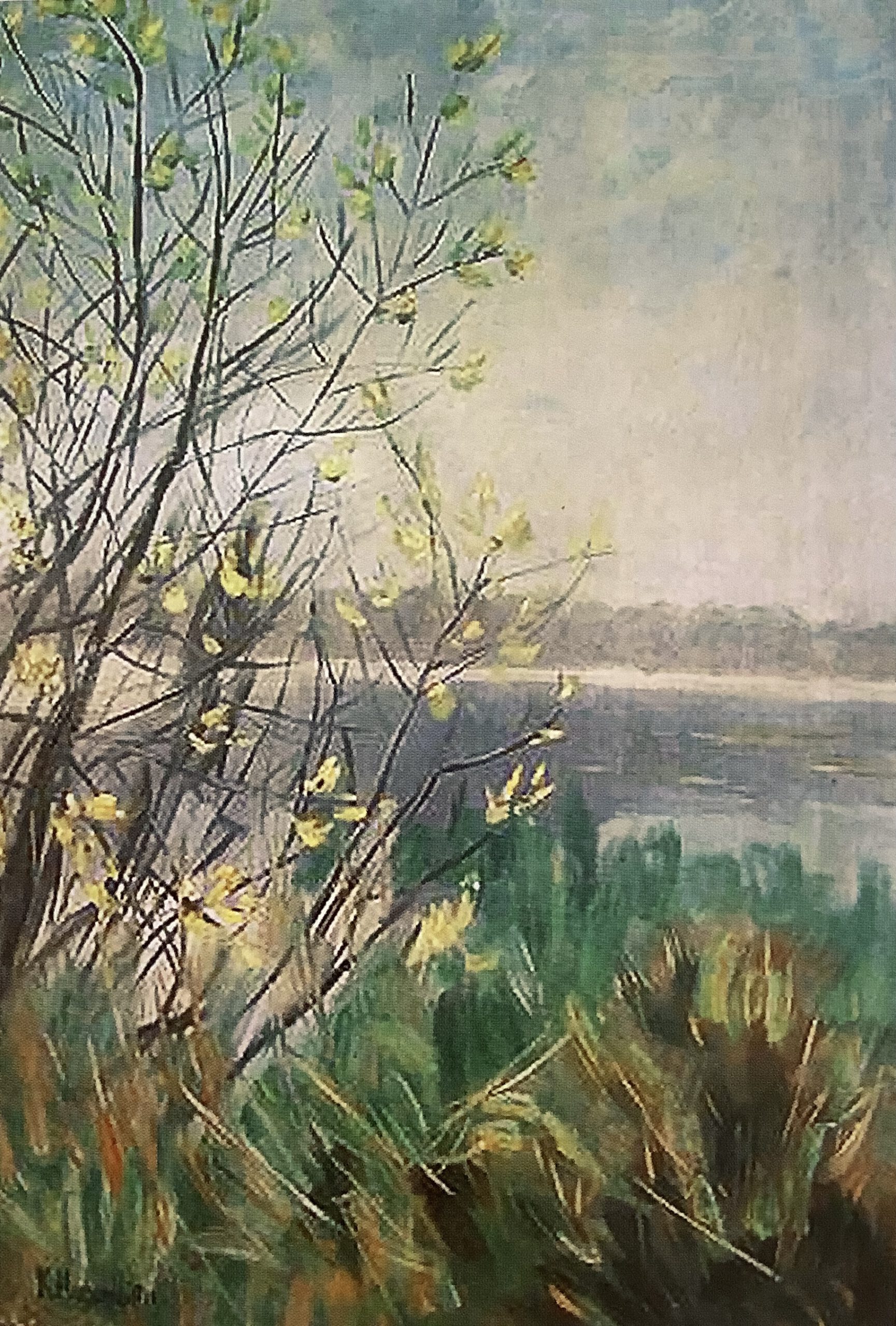 Märkische Uferlandschaft mit blühenden gelben Zweigen, um 1907