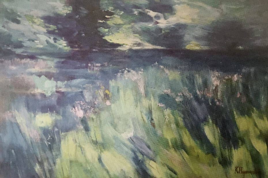 Nach dem Frühlingsgewitter. Wetterleuchten über Märkischem See mit blühendem Schilf, um 1910