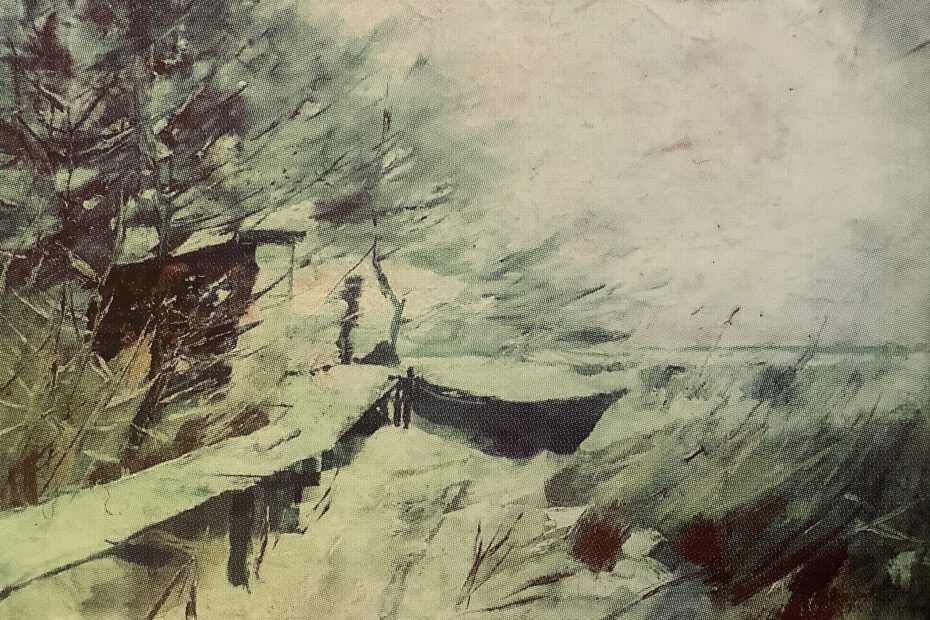 Schneelandschaft mit Steg und Fischerkahn, um 1895