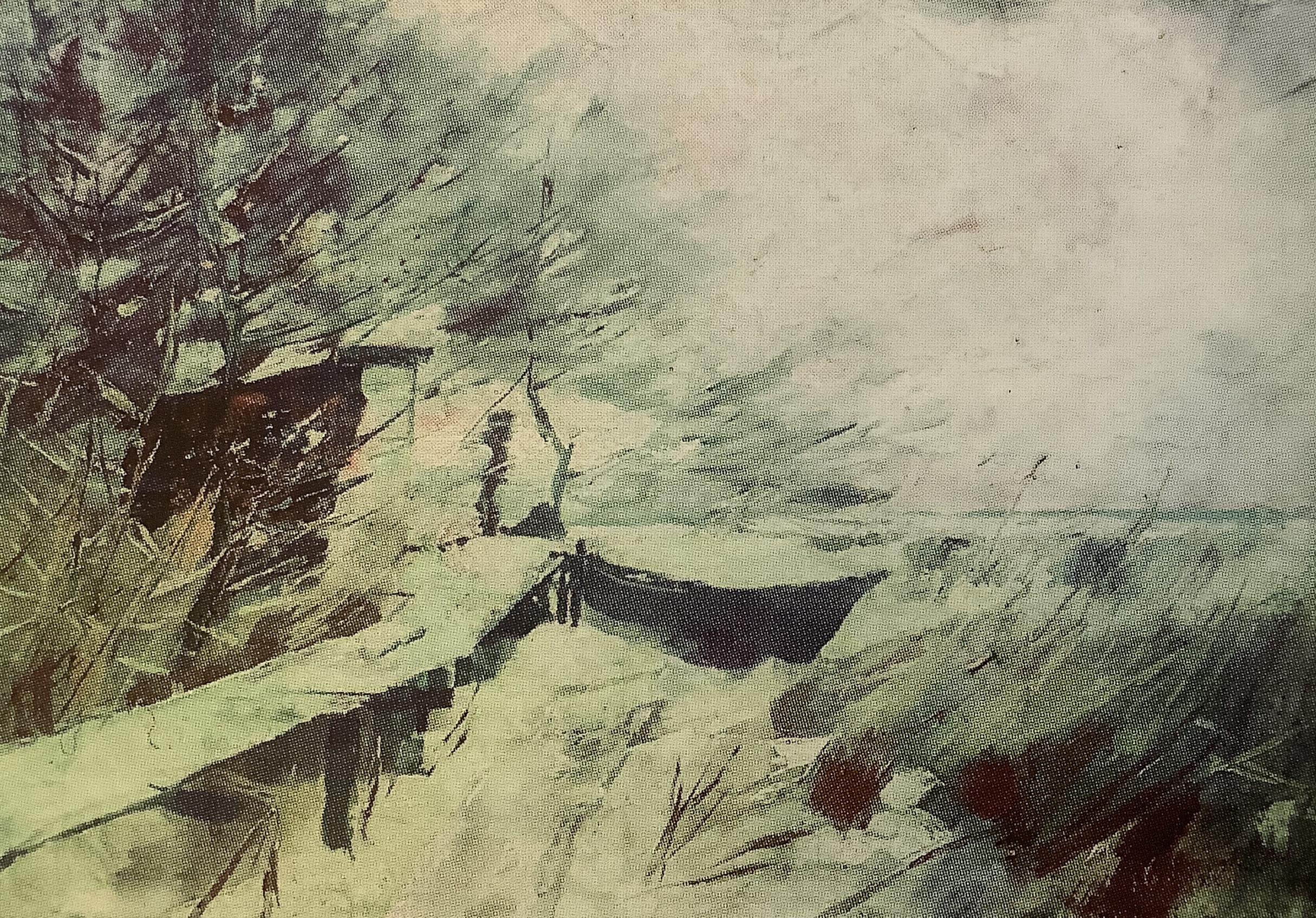 Schneelandschaft mit Steg und Fischerkahn, um 1895