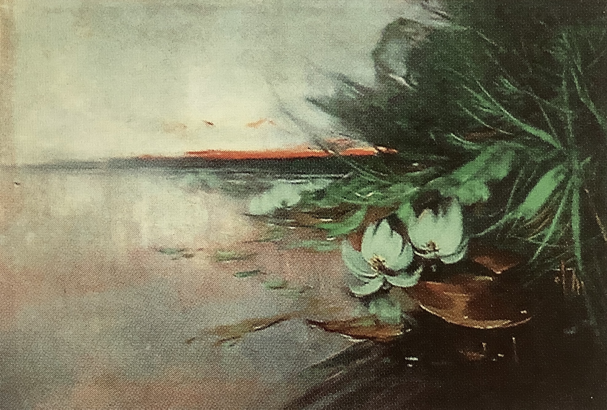 Sonnenuntergang. Uferlandschaft mit Seerosen, um 1902