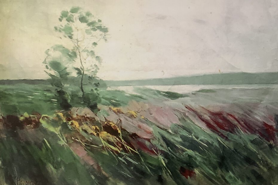 Überwehte Wiesenlandschaft am Ufer eines märkischen Sees, 1909