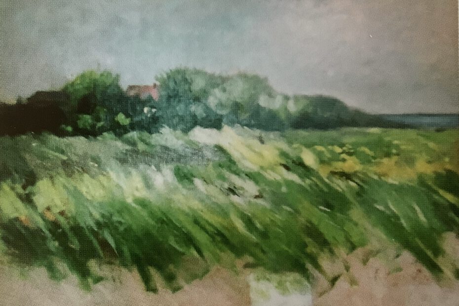 Überwehte Wiesenlandschaft mit märkischem Dorf, um 1895