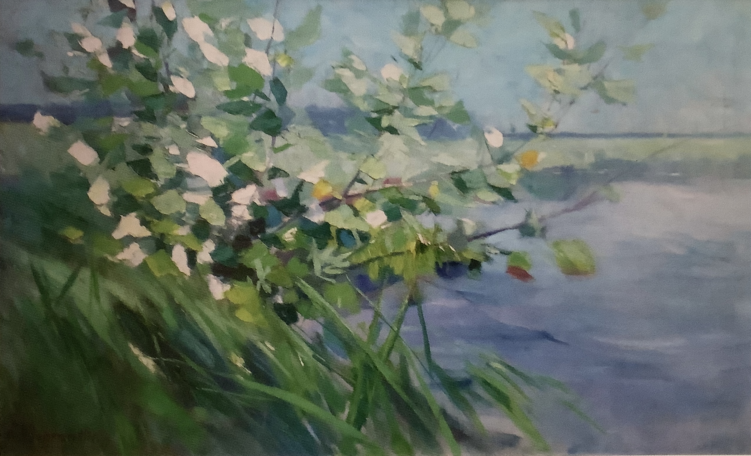 Uferlandschaft mit blühendem Strauch, um 1900